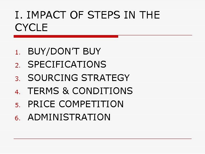 I. IMPACT OF STEPS IN THE CYCLE 1. 2. 3. 4. 5. 6. BUY/DON’T