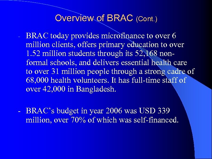 Overview of BRAC (Cont. ) - BRAC today provides microfinance to over 6 million