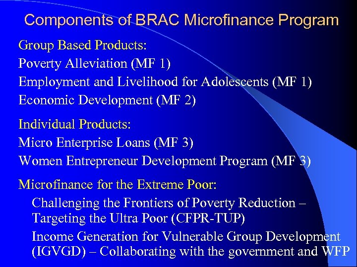 Components of BRAC Microfinance Program Group Based Products: Poverty Alleviation (MF 1) Employment and