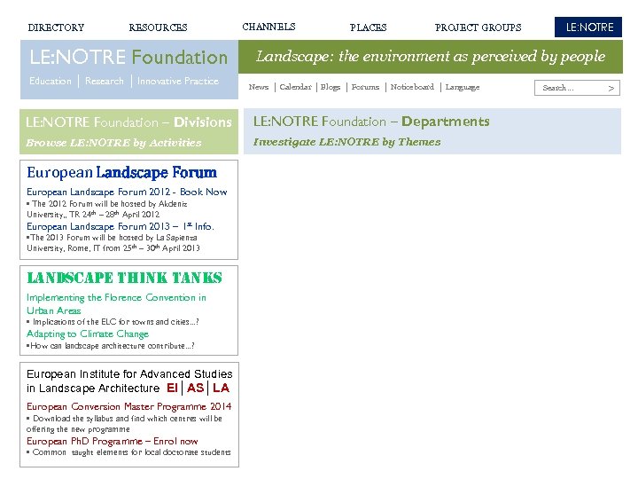 DIRECTORY RESOURCES LE: NOTRE Foundation Education │ Research │ Innovative Practice CHANNELS PLACES PROJECT