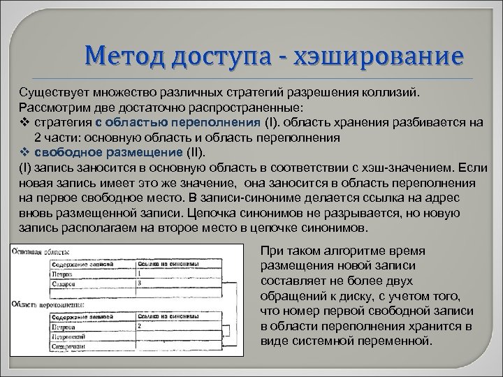 Метод доступа - хэширование Существует множество различных стратегий разрешения коллизий. Рассмотрим две достаточно распространенные: