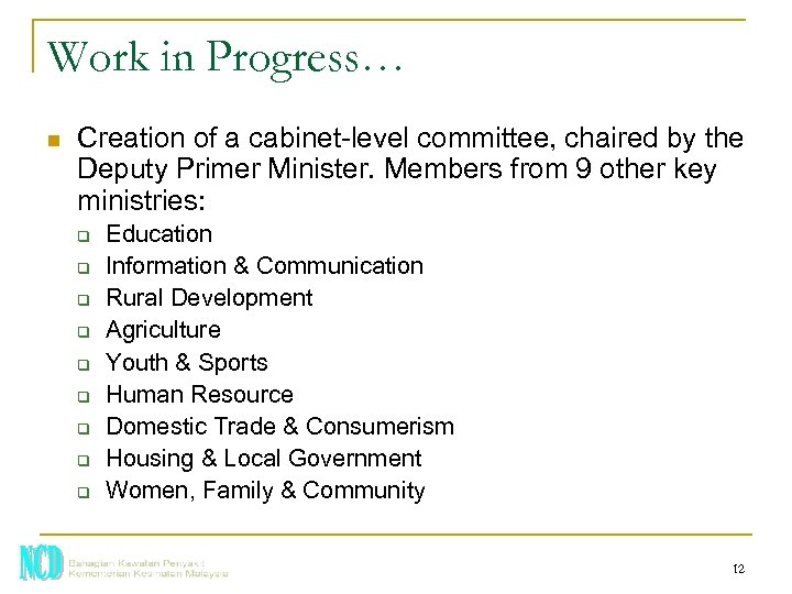 Work in Progress… n Creation of a cabinet-level committee, chaired by the Deputy Primer