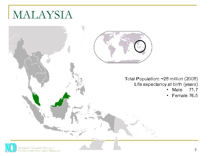 MALAYSIA Total Population: ~28 million (2008) Life expectancy at birth (years) • Male 71.