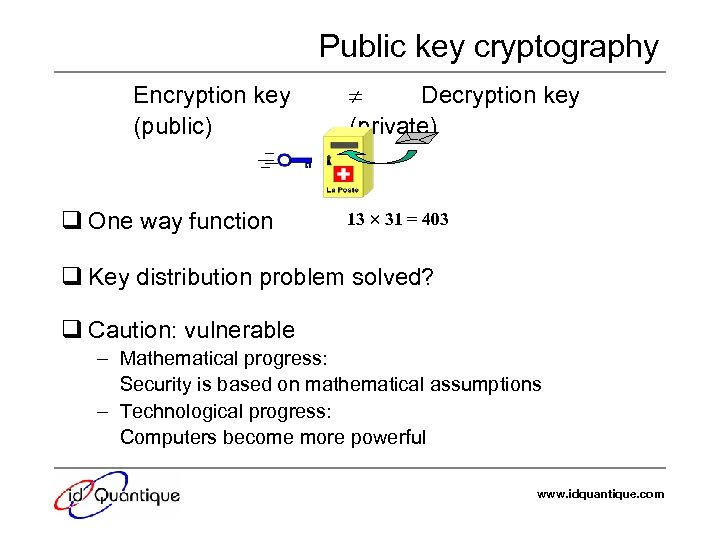 Public key cryptography Encryption key (public) q One way function Decryption key (private) 13
