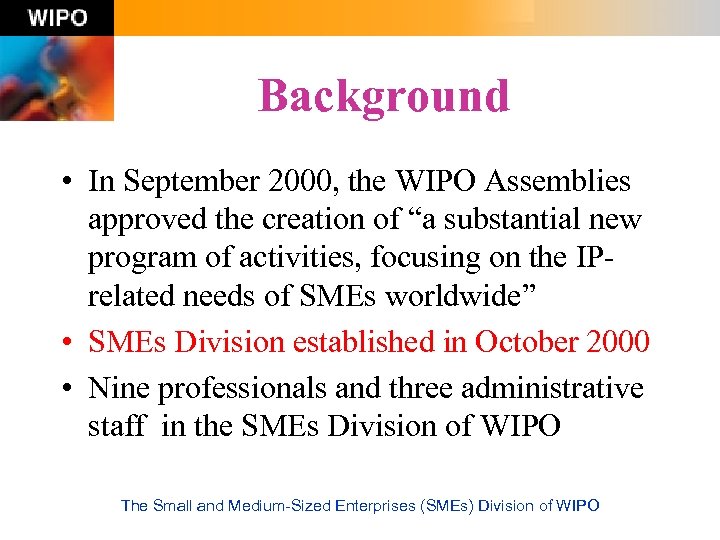 Background • In September 2000, the WIPO Assemblies approved the creation of “a substantial