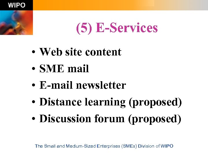 (5) E-Services • • • Web site content SME mail E-mail newsletter Distance learning