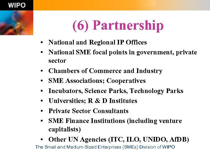 (6) Partnership • National and Regional IP Offices • National SME focal points in
