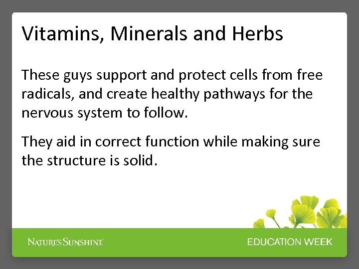 Vitamins, Minerals and Herbs These guys support and protect cells from free radicals, and