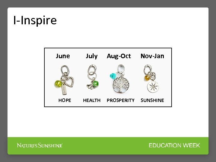 I-Inspire June HOPE July HEALTH Aug-Oct Nov-Jan PROSPERITY SUNSHINE 