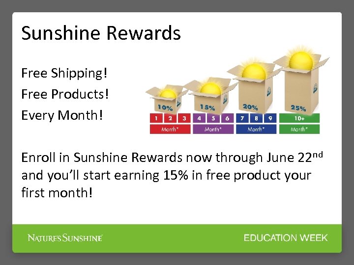 Sunshine Rewards Free Shipping! Free Products! Every Month! Enroll in Sunshine Rewards now through