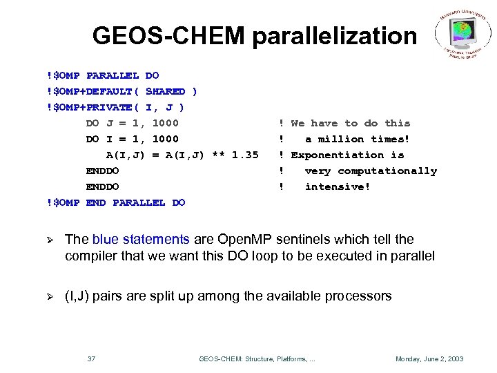 GEOS-CHEM parallelization !$OMP PARALLEL DO !$OMP+DEFAULT( SHARED ) !$OMP+PRIVATE( I, J ) DO J