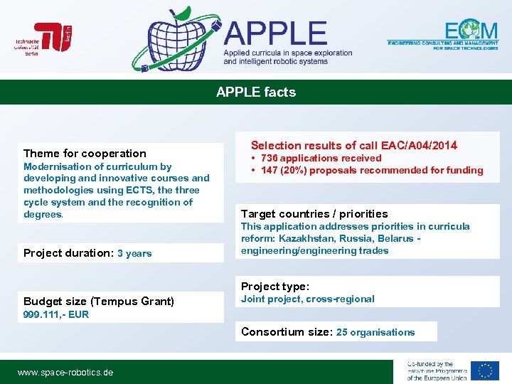 APPLE facts Theme for cooperation Selection results of call EAC/A 04/2014 • 736 applications