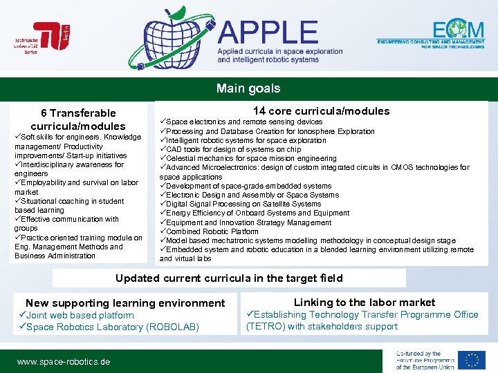 Main goals 6 Transferable curricula/modules üSoft skills for engineers. Knowledge management/ Productivity improvements/ Start-up