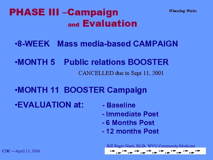 PHASE III –Campaign and Evaluation Wheeling Walks • 8 -WEEK Mass media-based CAMPAIGN •