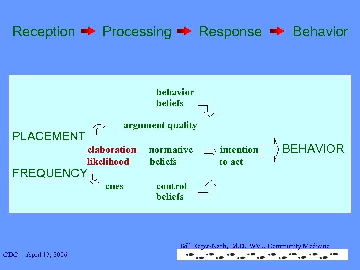 Reception Processing Response Behavior beliefs argument quality PLACEMENT elaboration normative intention BEHAVIOR likelihood beliefs