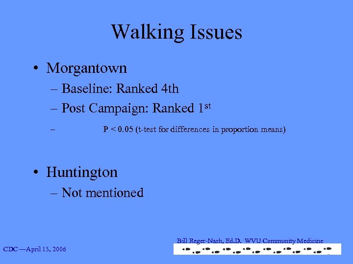 Walking Issues • Morgantown – Baseline: Ranked 4 th – Post Campaign: Ranked 1