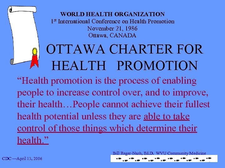 WORLD HEALTH ORGANIZATION 1 st International Conference on Health Promotion November 21, 1986 Ottawa,