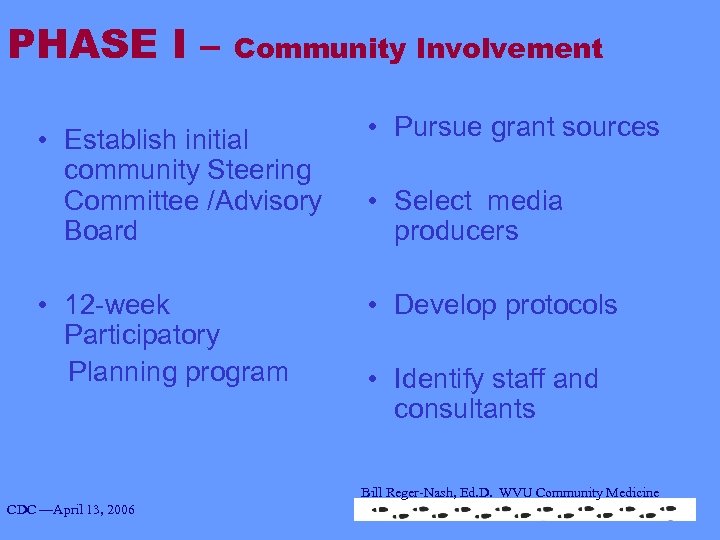 PHASE I – Community Involvement • Establish initial community Steering Committee /Advisory Board •