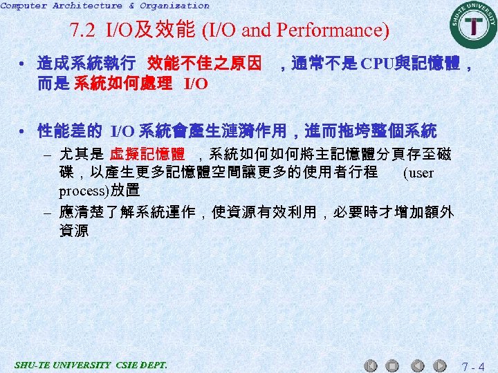 Computer Architecture & Organization 7. 2 I/O及效能 (I/O and Performance) • 造成系統執行 效能不佳之原因 ，通常不是