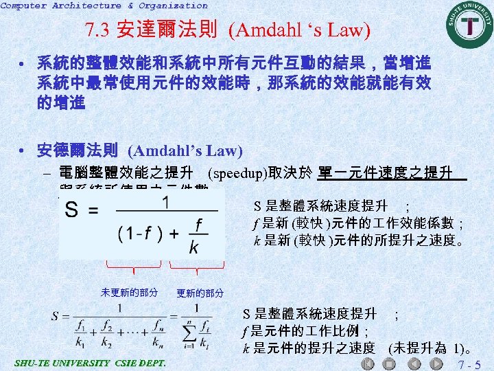 Computer Architecture & Organization 7. 3 安達爾法則 (Amdahl ‘s Law) • 系統的整體效能和系統中所有元件互動的結果，當增進 系統中最常使用元件的效能時，那系統的效能就能有效 的增進