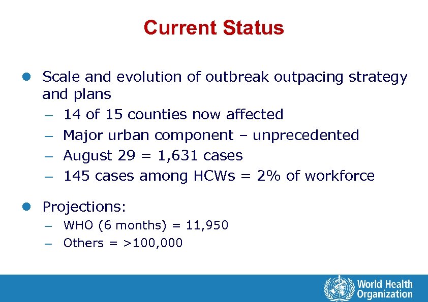 Current Status l Scale and evolution of outbreak outpacing strategy and plans – 14