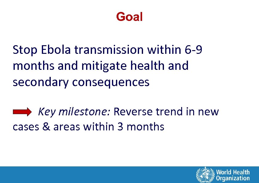 Goal Stop Ebola transmission within 6 -9 months and mitigate health and secondary consequences
