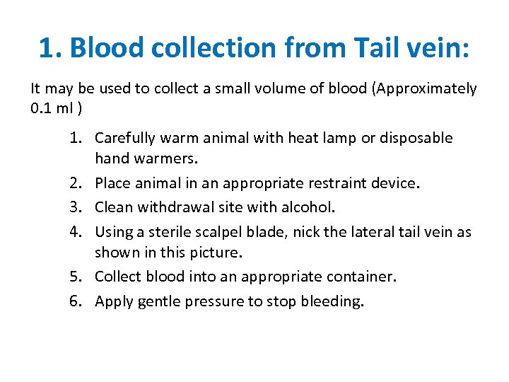 1. Blood collection from Tail vein: It may be used to collect a small
