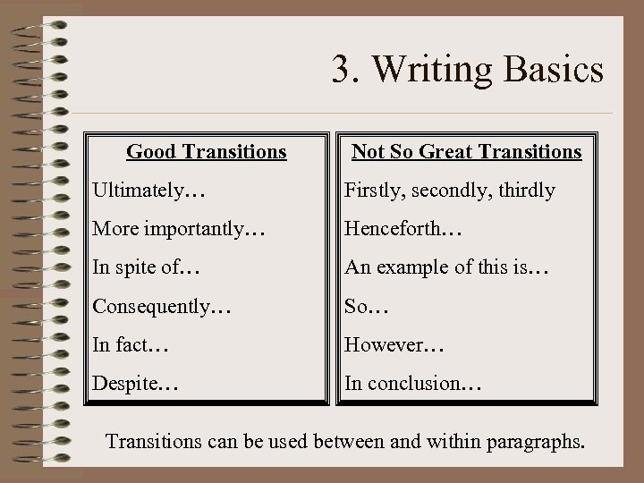 3. Writing Basics Good Transitions Not So Great Transitions Ultimately… Firstly, secondly, thirdly More