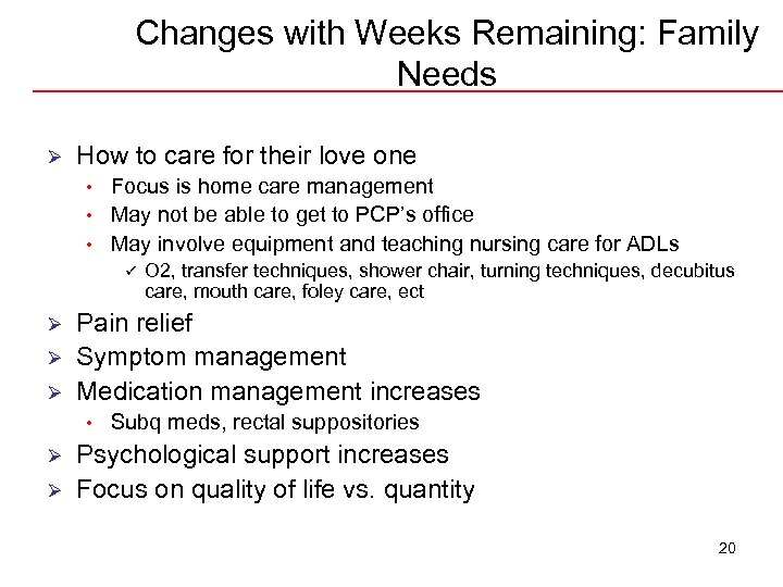 Changes with Weeks Remaining: Family Needs Ø How to care for their love one