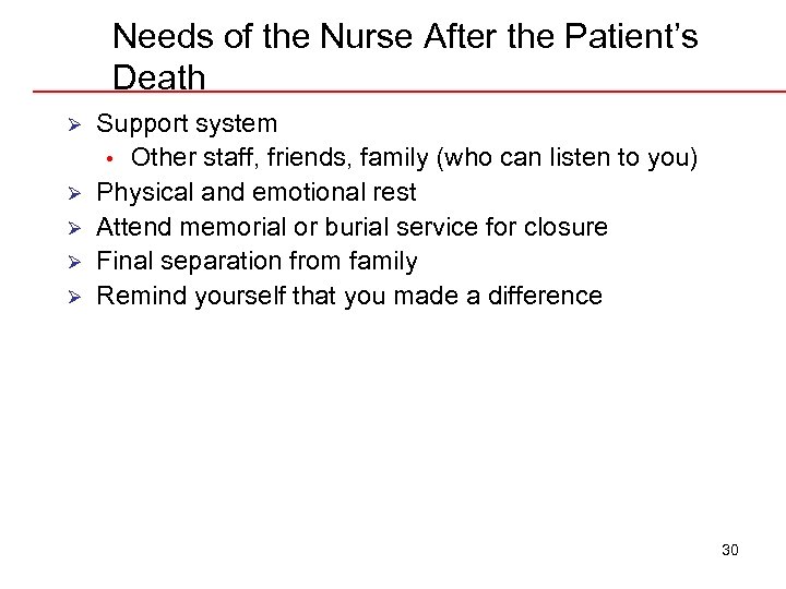 Needs of the Nurse After the Patient’s Death Ø Ø Ø Support system •