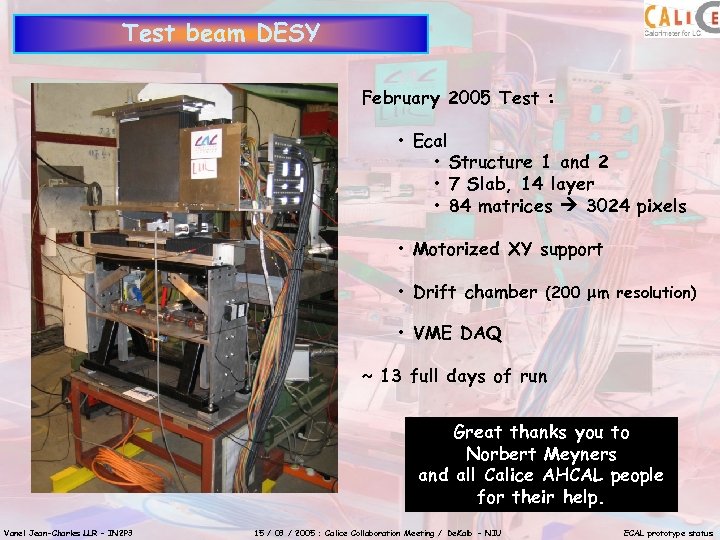 Test beam DESY February 2005 Test : • Ecal • Structure 1 and 2