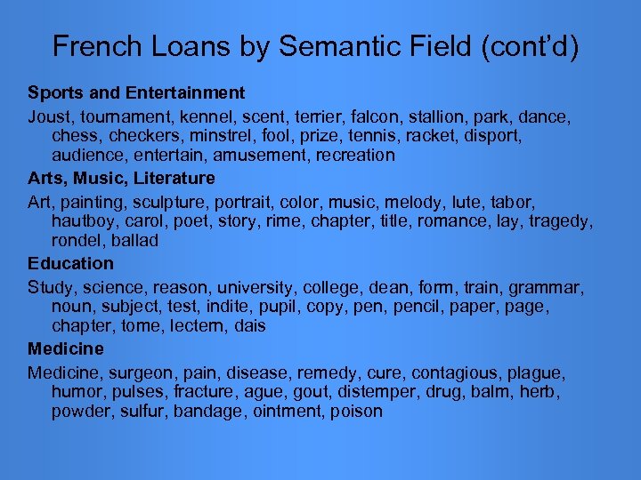 French Loans by Semantic Field (cont’d) Sports and Entertainment Joust, tournament, kennel, scent, terrier,