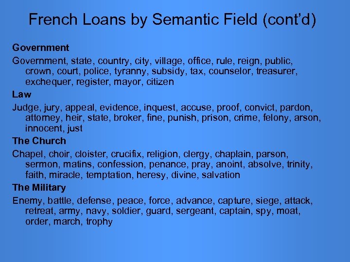 French Loans by Semantic Field (cont’d) Government, state, country, city, village, office, rule, reign,