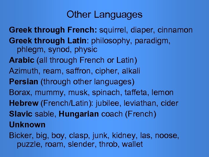 Other Languages Greek through French: squirrel, diaper, cinnamon Greek through Latin: philosophy, paradigm, phlegm,