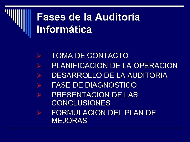 Fases de la Auditoría Informática TOMA DE CONTACTO PLANIFICACION DE LA OPERACION DESARROLLO DE