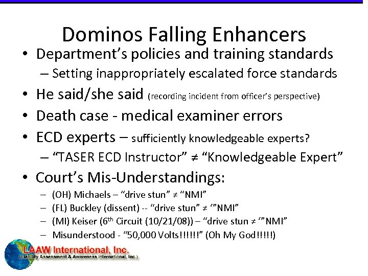 Dominos Falling Enhancers • Department’s policies and training standards – Setting inappropriately escalated force
