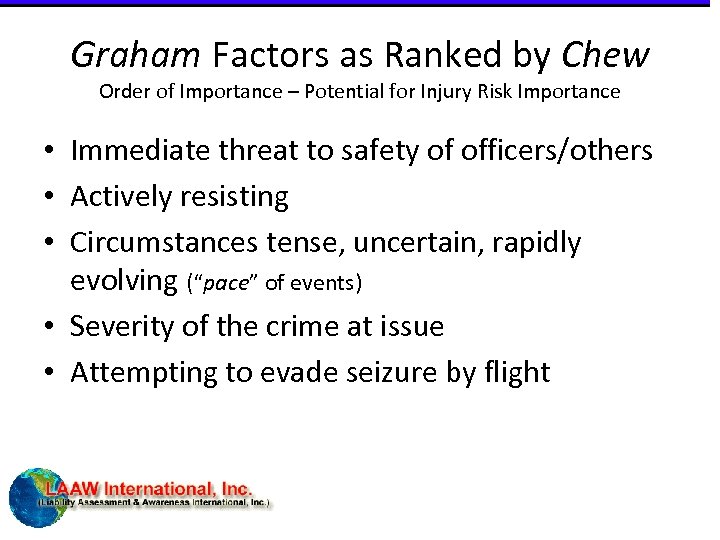 Graham Factors as Ranked by Chew Order of Importance – Potential for Injury Risk
