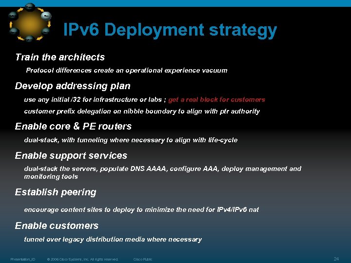 Prepare Plan Optimize Operate Design Implement IPv 6 Deployment strategy Train the architects Protocol