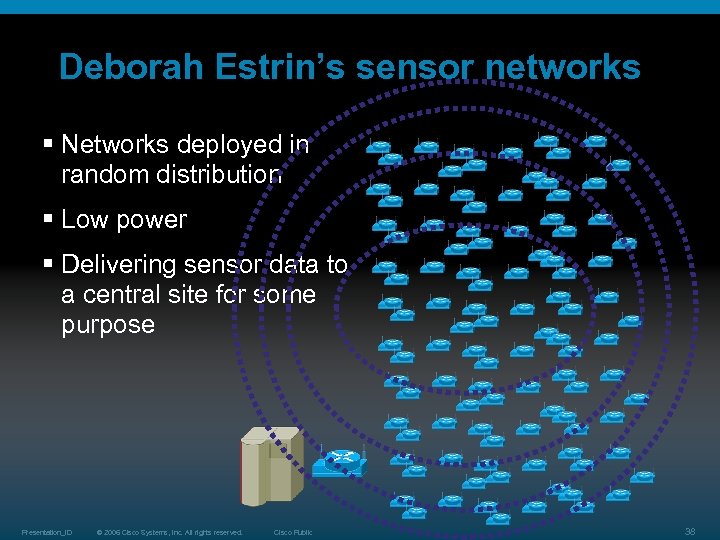 Deborah Estrin’s sensor networks § Networks deployed in random distribution § Low power §