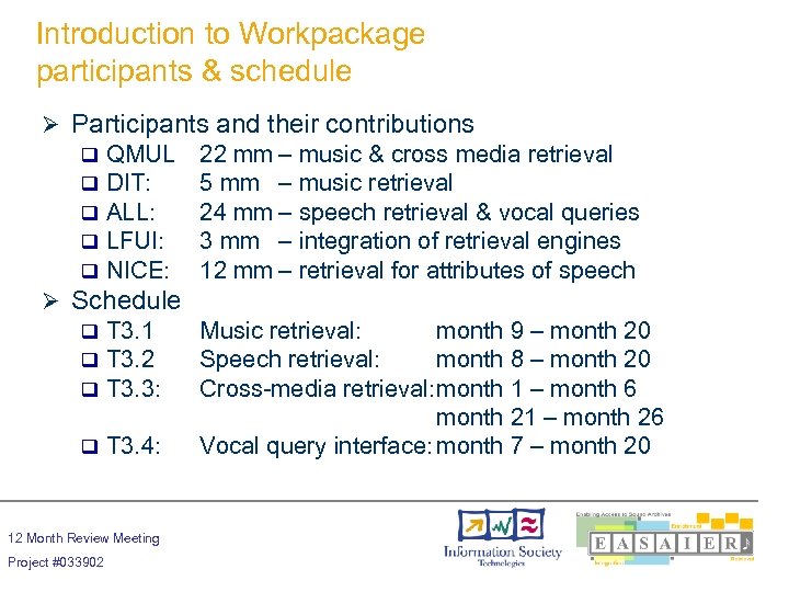 Introduction to Workpackage participants & schedule Ø Participants and their contributions q q q