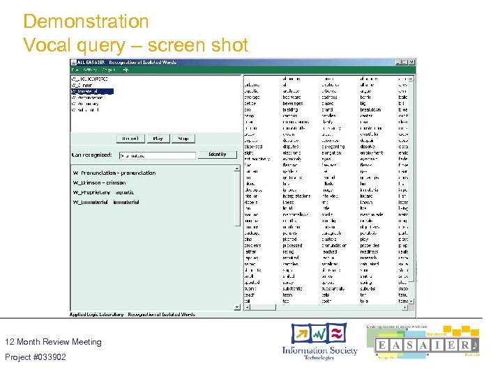 Demonstration Vocal query – screen shot 12 Month Review Meeting Project #033902 