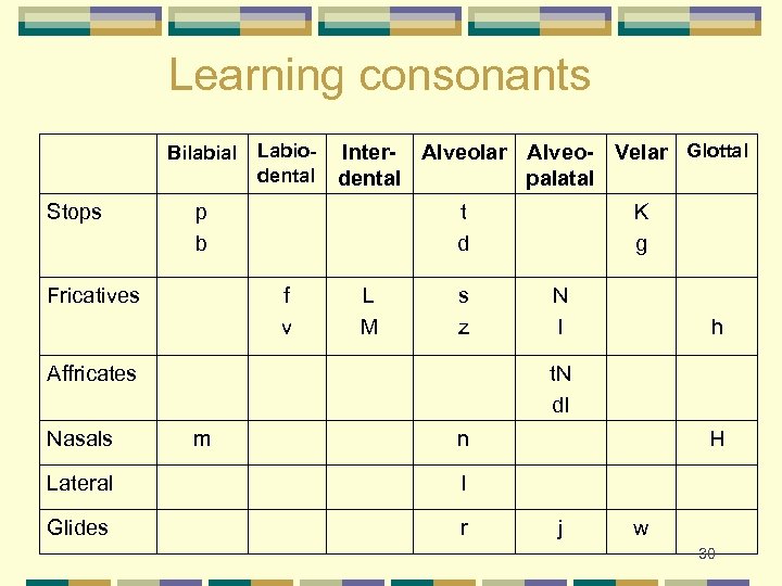 Learning consonants Bilabial Stops Labiodental Inter- Alveolar Alveo- Velar Glottal dental palatal p b