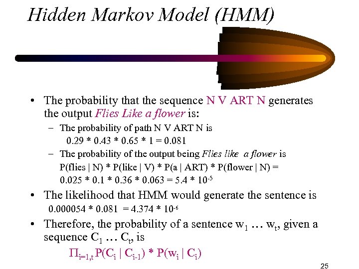 Hidden Markov Model (HMM) • The probability that the sequence N V ART N
