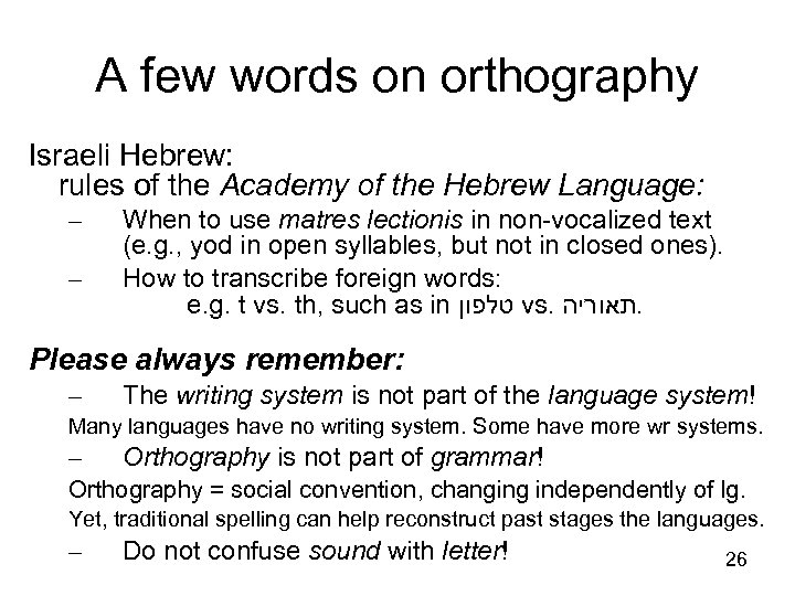 A few words on orthography Israeli Hebrew: rules of the Academy of the Hebrew