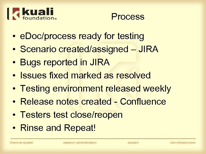 Process • • e. Doc/process ready for testing Scenario created/assigned – JIRA Bugs reported