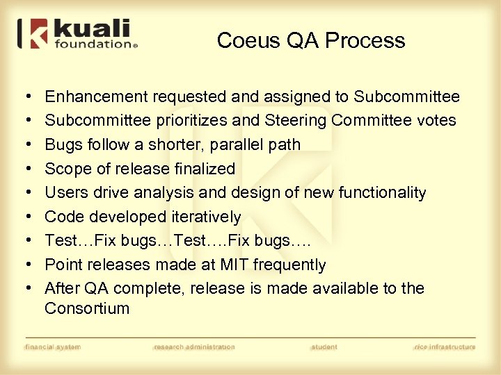 Coeus QA Process • • • Enhancement requested and assigned to Subcommittee prioritizes and