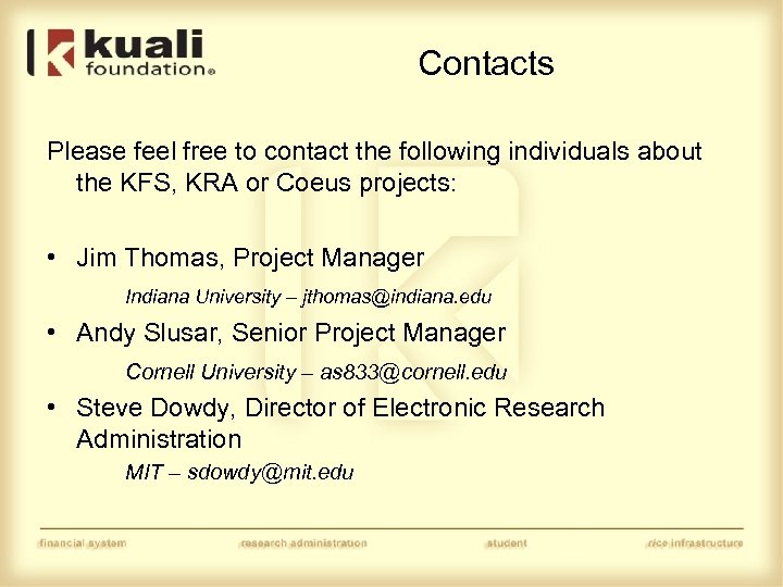 Contacts Please feel free to contact the following individuals about the KFS, KRA or