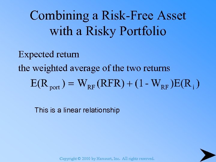 Combining a Risk-Free Asset with a Risky Portfolio Expected return the weighted average of