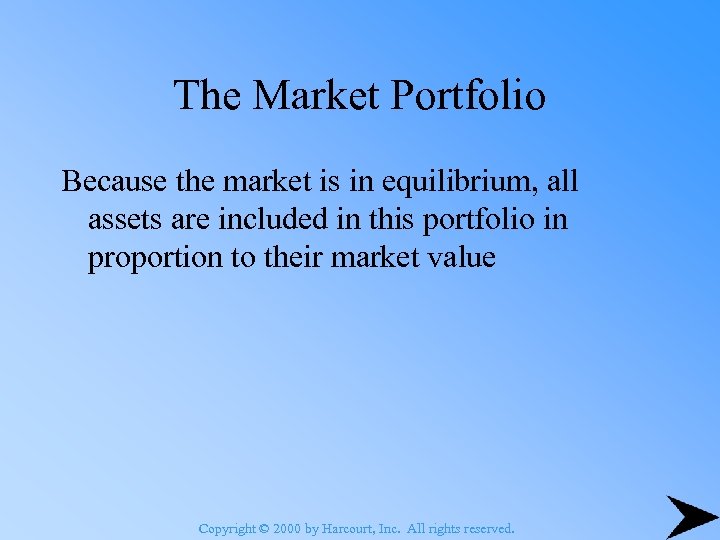 The Market Portfolio Because the market is in equilibrium, all assets are included in
