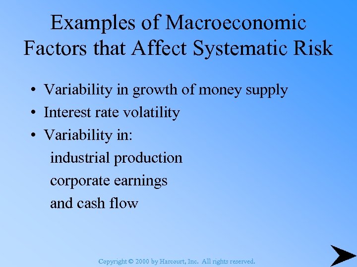 Examples of Macroeconomic Factors that Affect Systematic Risk • Variability in growth of money